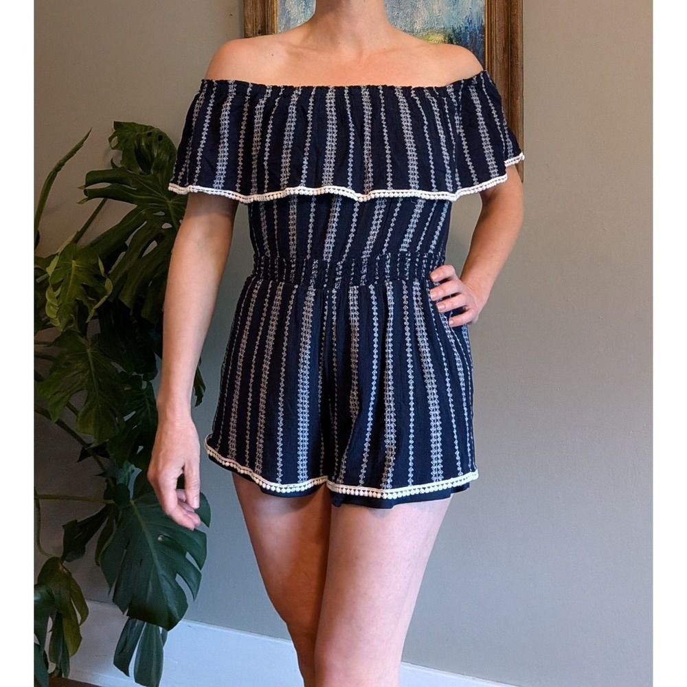 Lulus Off‎ Shoulder One Piece Romper Lined Shorts Coastal Nautical Boho Fiesta